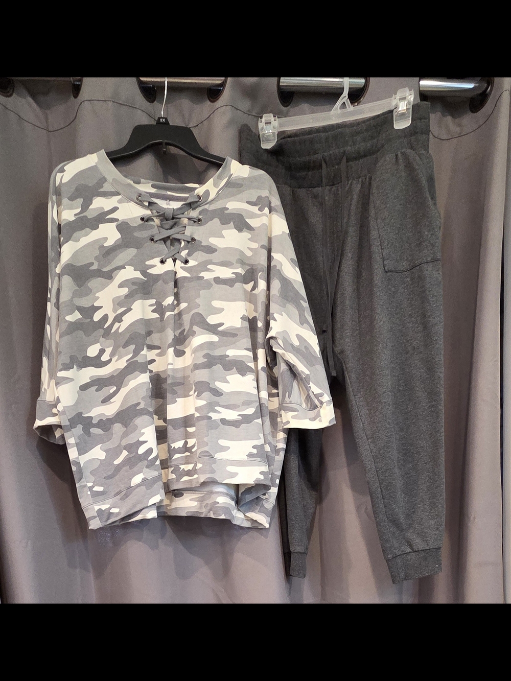 The Sweatshirt Project Gray Camo Lace-Up Top & Charcoal Joggers Set